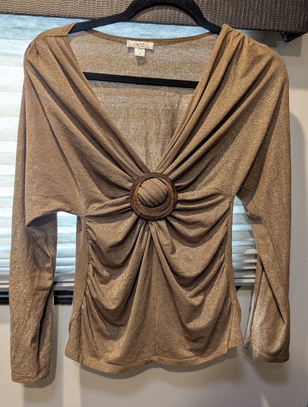 Vintage Cache Metallic Gold Top Small Draped Long-Sleeve Top with Ring Detail